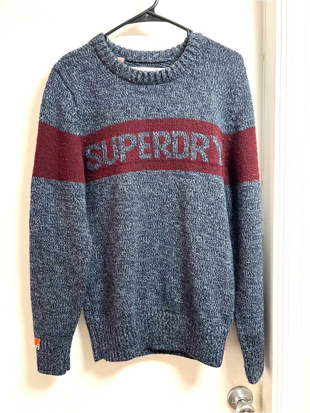 Superdry Men's Blue Marled Crewneck Sweater with Burgundy Chest Band
